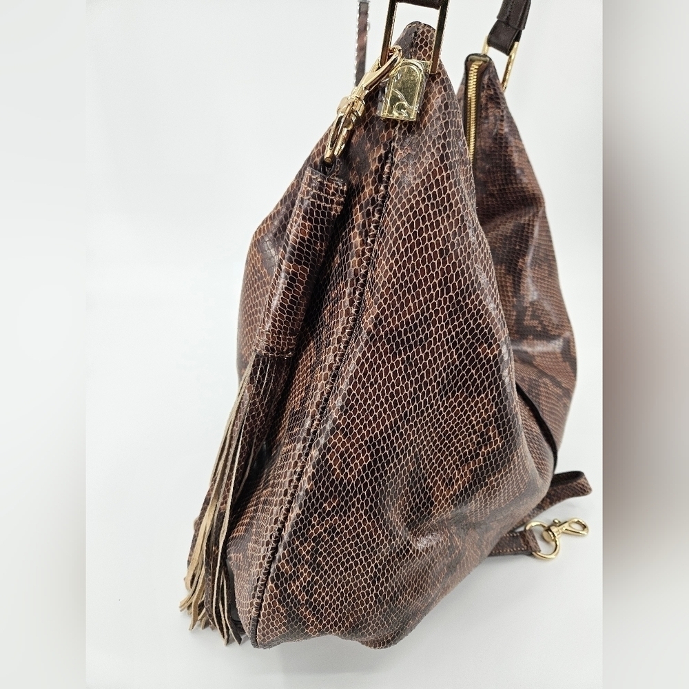 GILI Got To Love It Large LEATHER Emb SNAKE Choc Brown TASSEL Hobo Bag PURSE - Picture 4 of 14